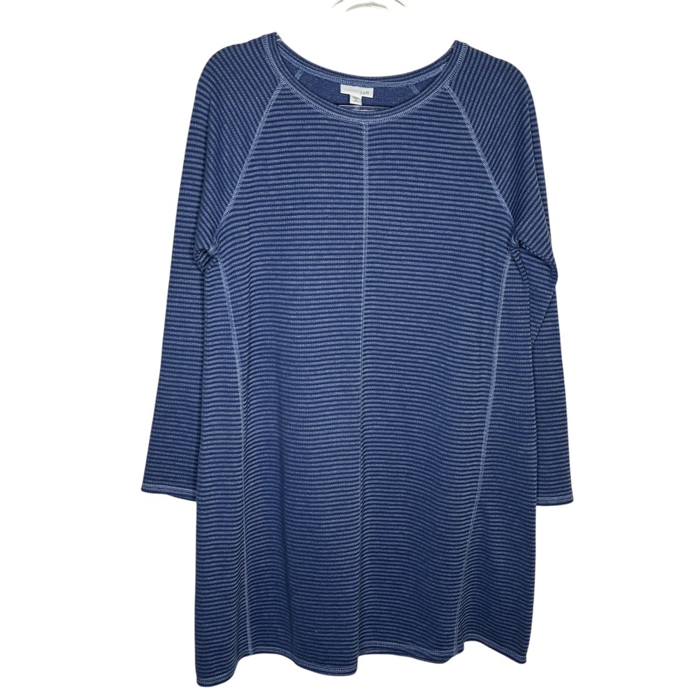 J Jill MP Medium Petite Blue Striped Dress Long Sleeve Cotton Scoop Neck Boho
